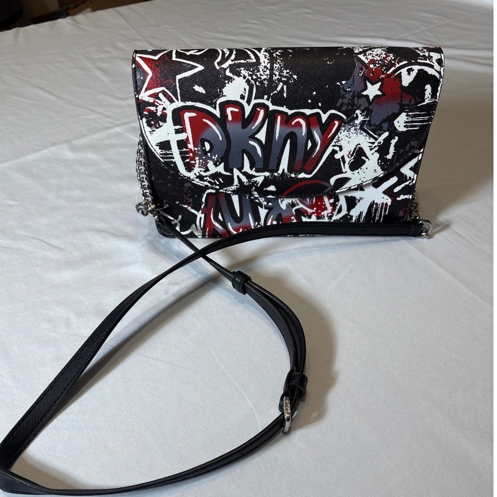 DKNY Graffiti Print Crossbody Bag Black Red White Stars Saffiano Leather Small